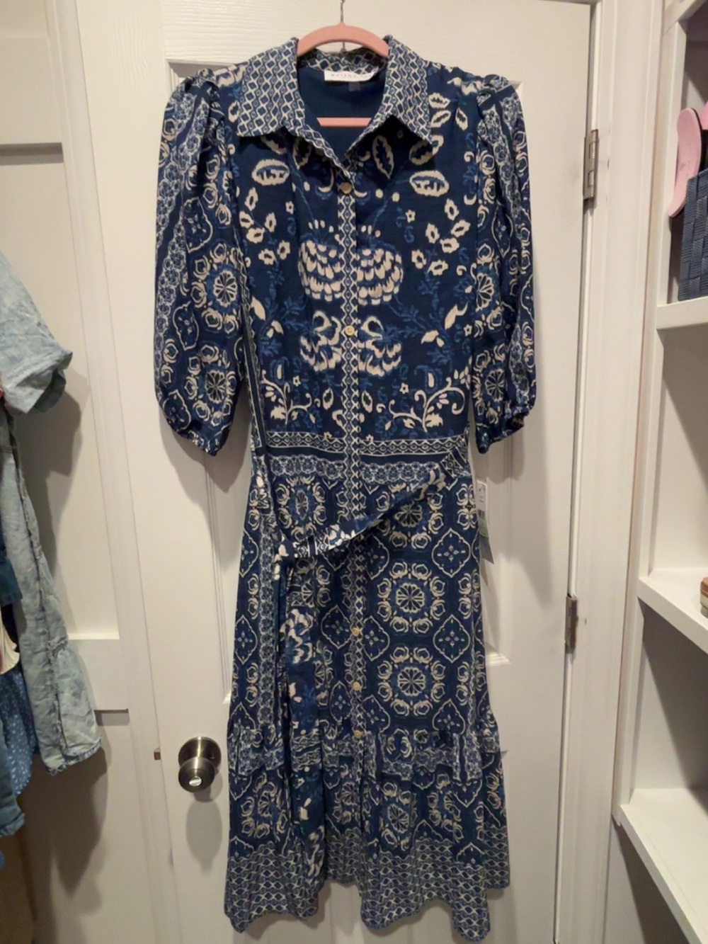 Maison Tara Navy and White Printed Midi Dress with Puff Sleeves